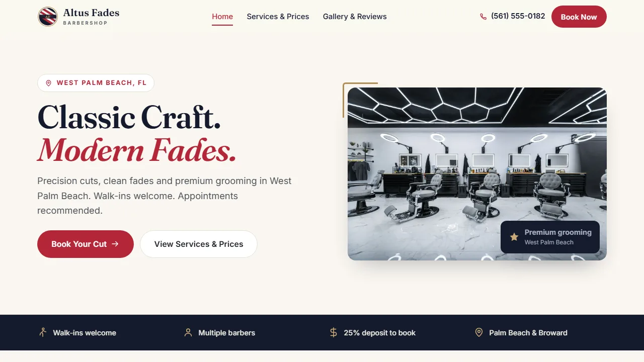 Altus Fades barbershop demo website homepage