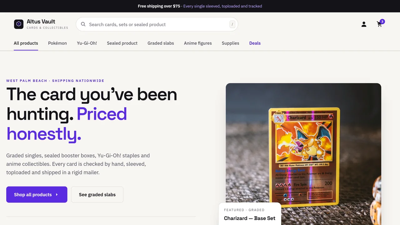 Altus Vault trading card store demo homepage
