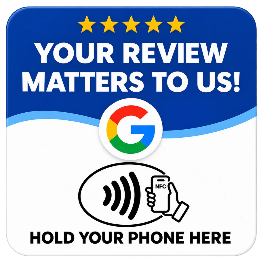 The Altus NFC review plate: five stars, the words your review matters to us, the Google mark, and a contactless symbol reading hold your phone here