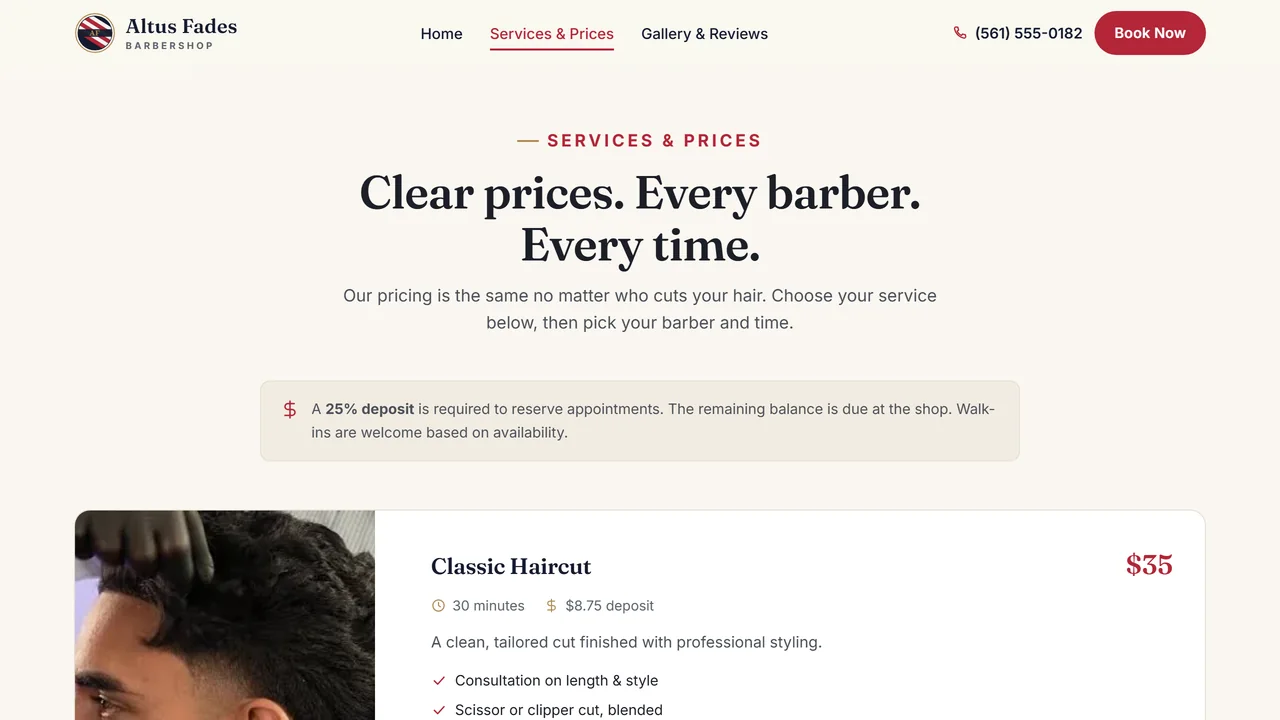 A barbershop website built by Altus Digital, shown in a browser