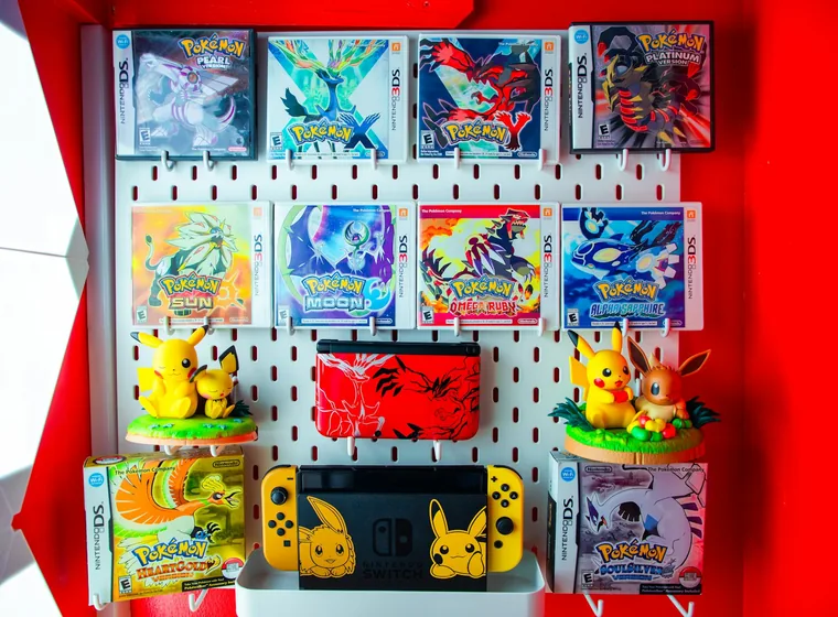 A shop display wall of collectible figures and cards