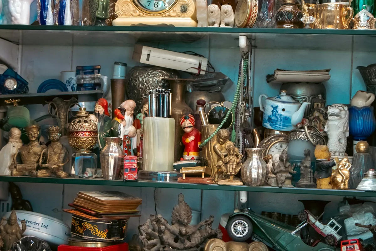 Shelves of collectibles and figures in a hobby shop