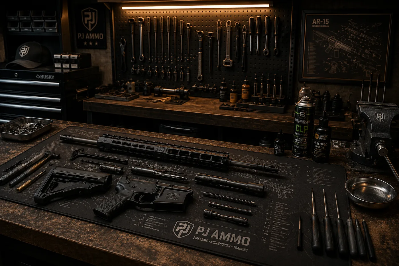 PJ Ammo gunsmith workbench with tools and a firearm laid out for service