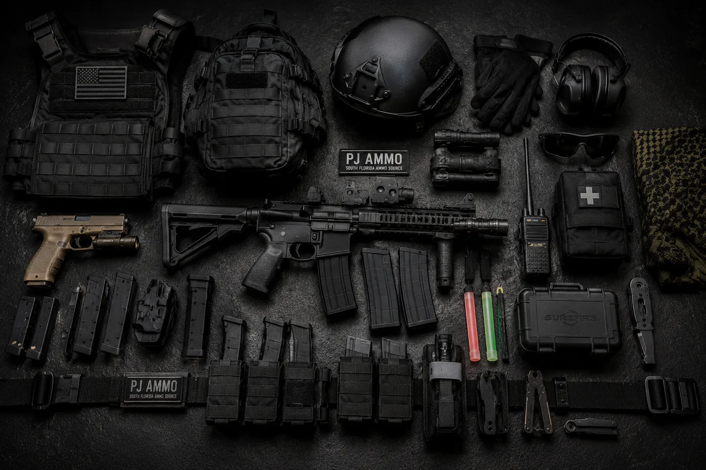 Flat lay of tactical gear and accessories including a plate carrier, helmet, and equipment pouches