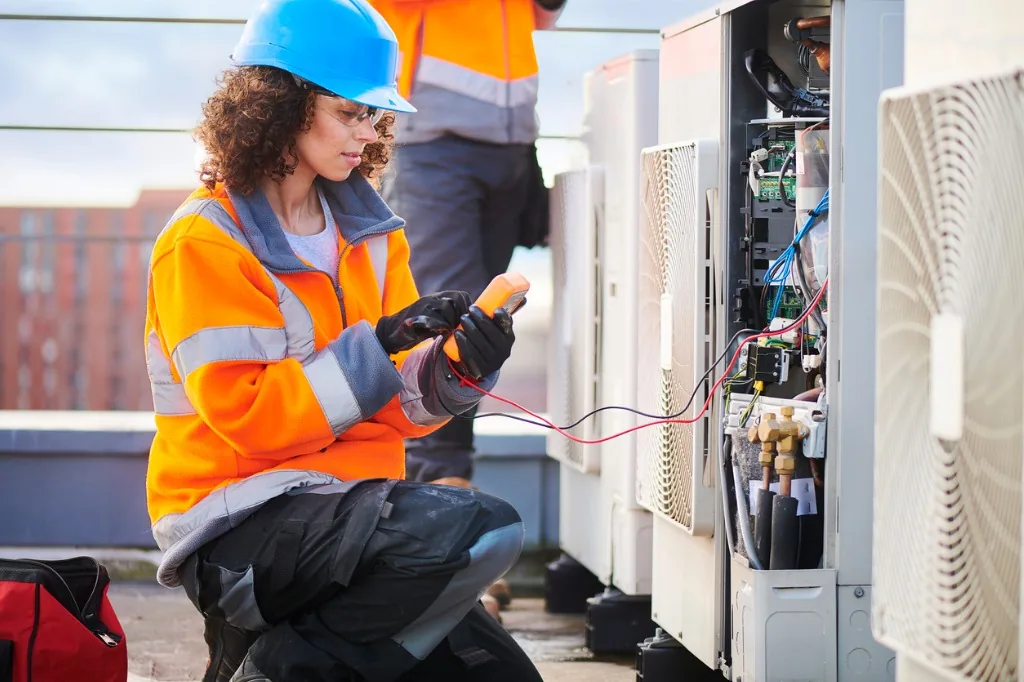Altus Air HVAC technician in hi-vis gear taking an electrical reading with a multimeter at an open rooftop condenser unit
