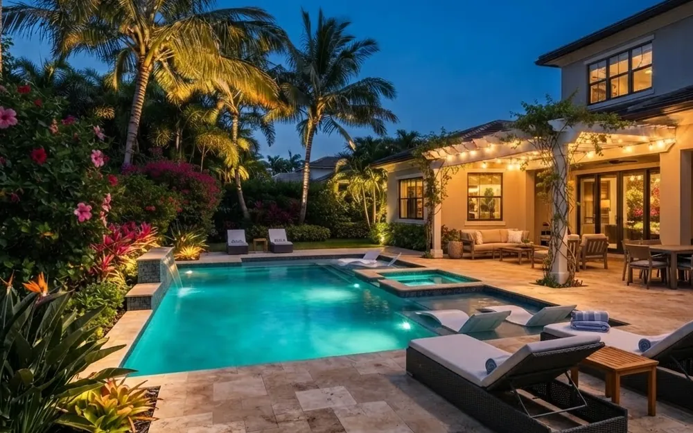 Backyard at night lit by low-voltage landscape lighting