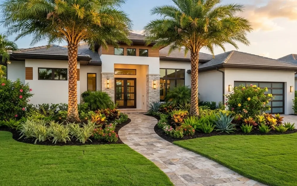 Front yard after landscaping: new sod, defined beds and mature palms
