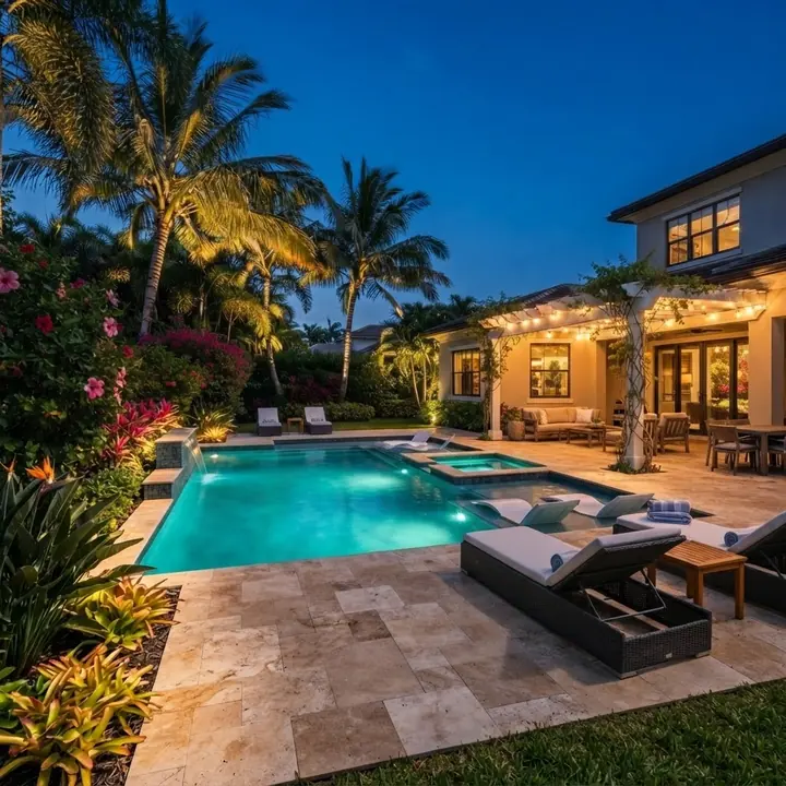 Garden lit at night by low-voltage landscape lighting