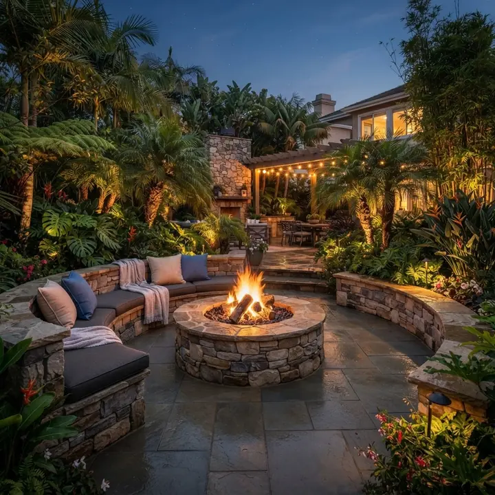 Fire pit and lounge seating lit at dusk