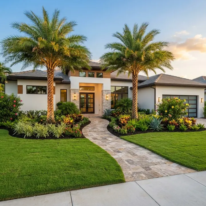Completed front yard with fresh sod and defined planting beds