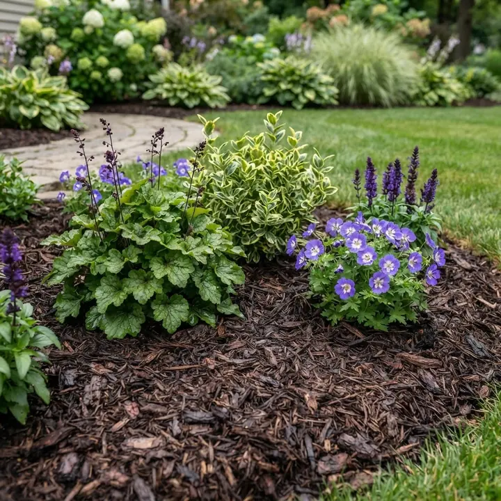 Freshly mulched garden bed with crisp edging