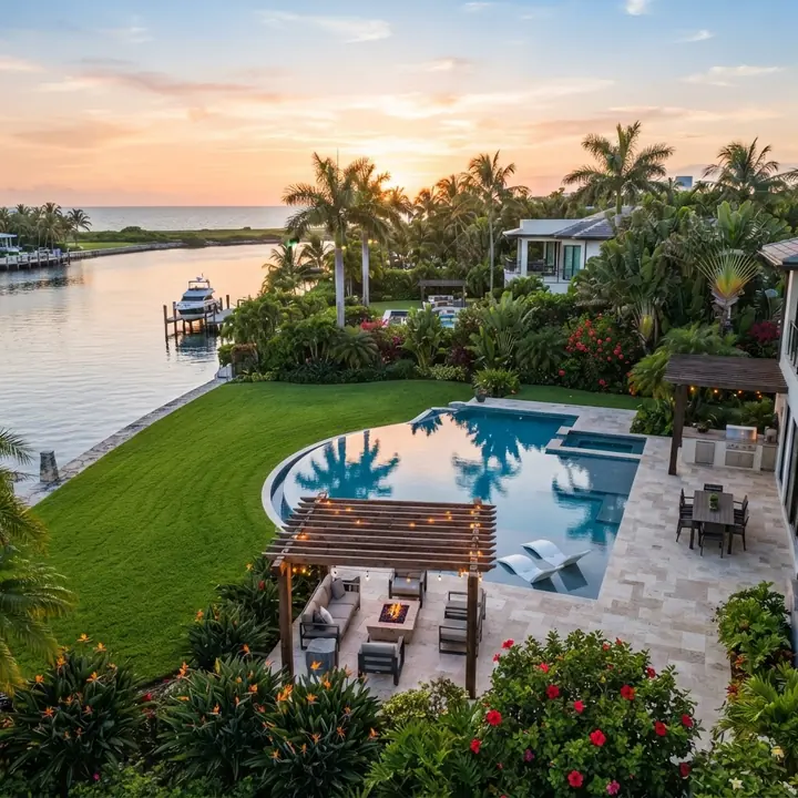 Luxury estate backyard with pool deck, palms and manicured lawn