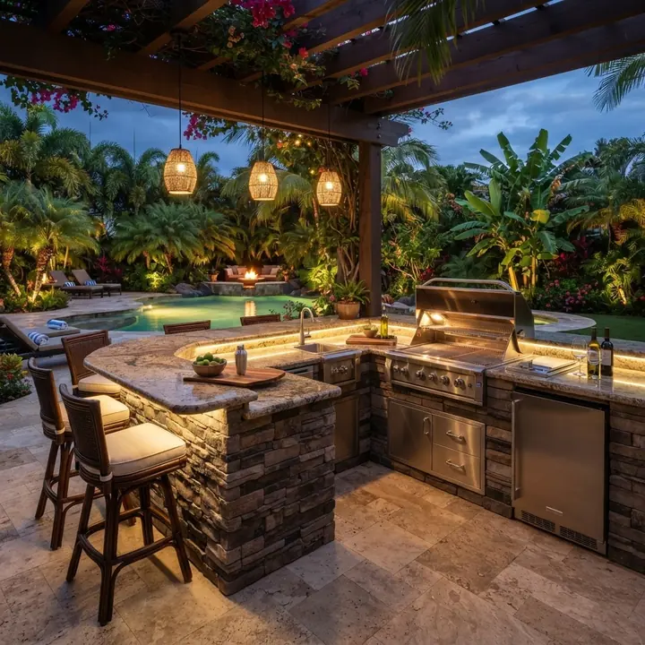 Built-in outdoor kitchen with stone counters and bar seating