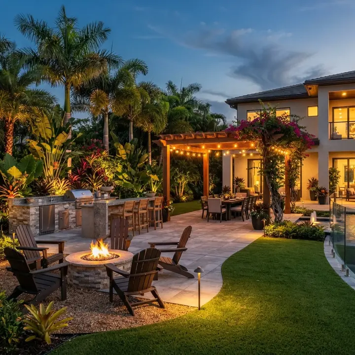 Paver patio with a built-in stone fire pit and seating