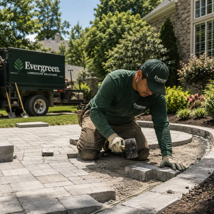 Evergreen crew member setting paver edging on a new patio installation