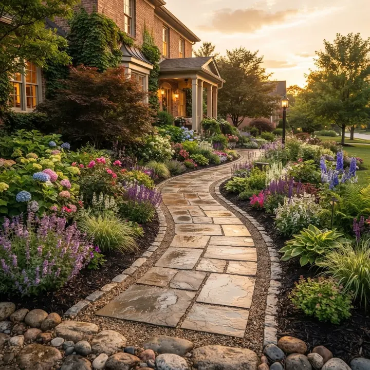 Curved paver walkway leading to a home entrance
