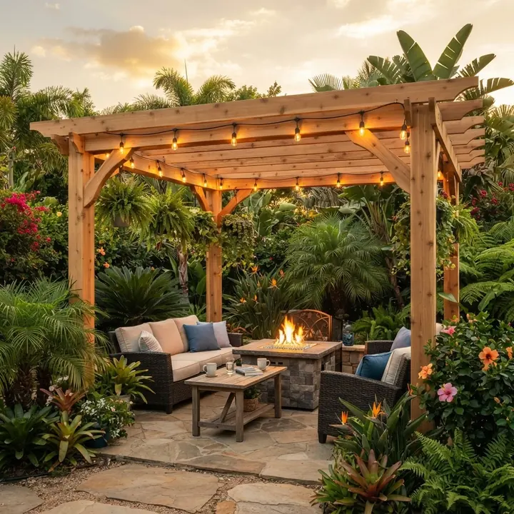 Pergola over a patio, lit from below at dusk