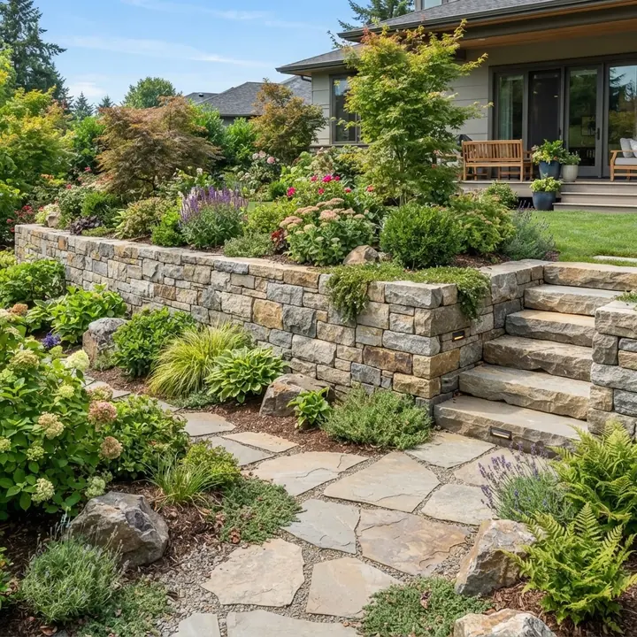 Block retaining wall under construction along a graded slope