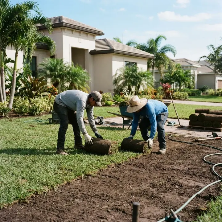Rolls of fresh sod being laid across a prepared lawn
