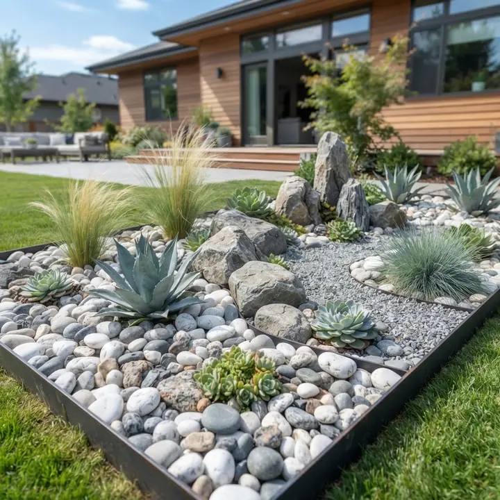 Decorative stone feature set into a planting bed