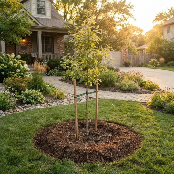 Newly planted specimen tree staked in a front lawn