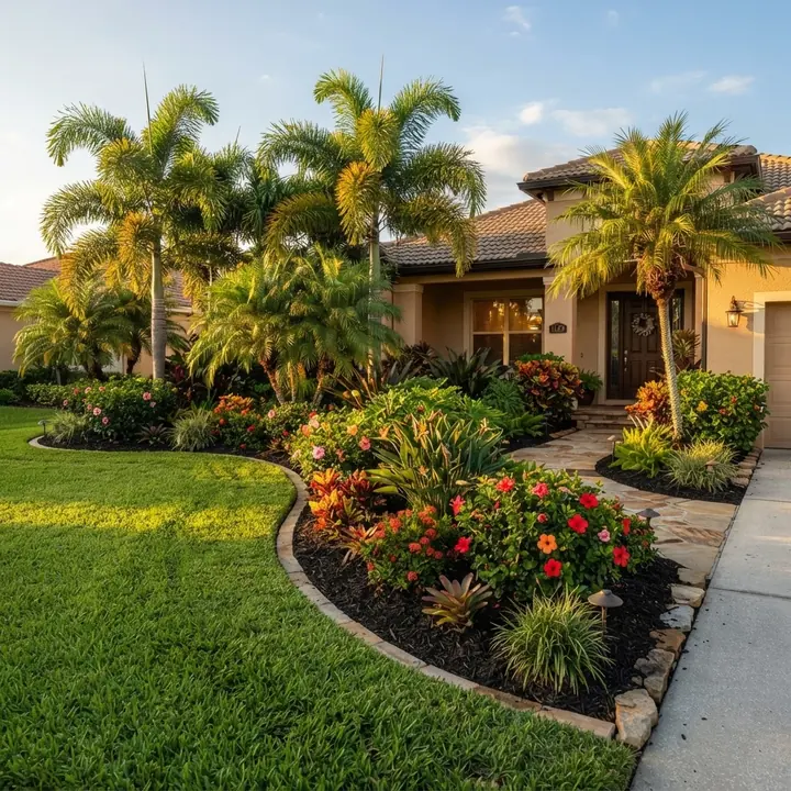 Tropical front yard planting with palms and flowering shrubs
