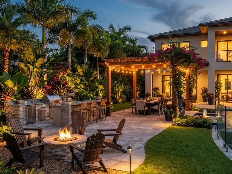 Stone fire pit surrounded by patio seating