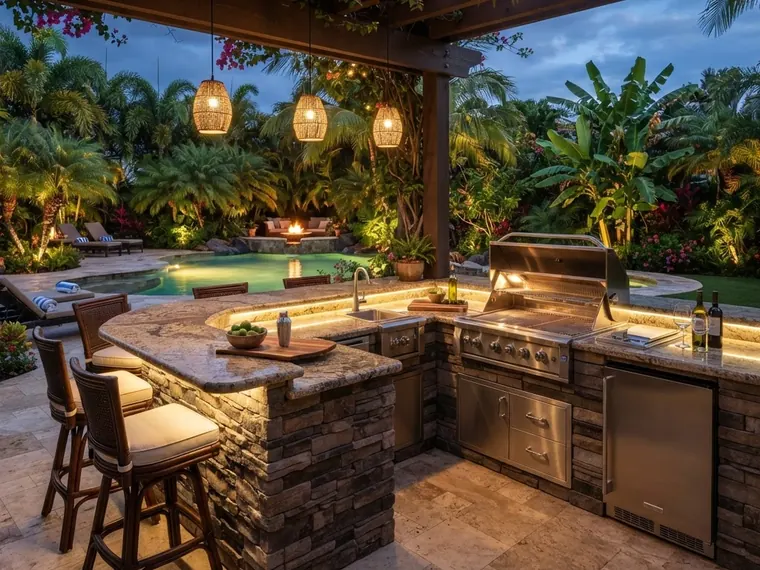 Outdoor kitchen with built-in grill and stone counters
