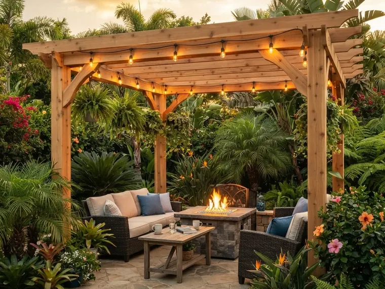 Pergola shade structure over an outdoor seating area