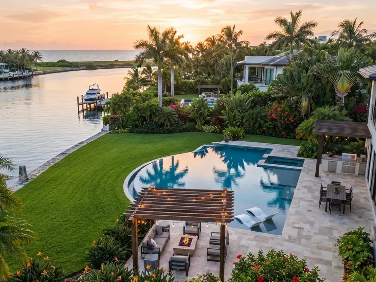 Tropical Florida landscaping with palms and lush foliage