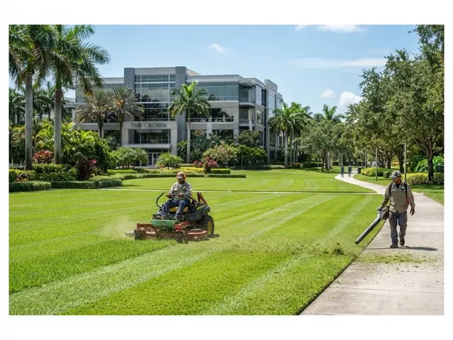 Manicured landscaping at the entrance of a commercial office property