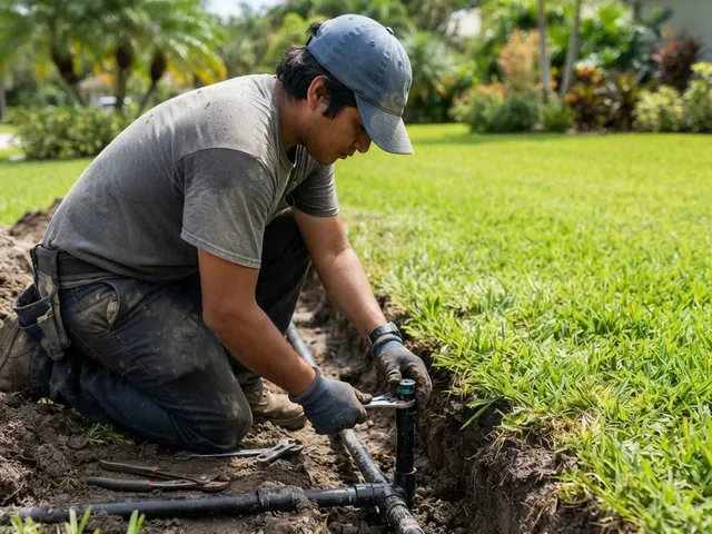 Sprinkler head watering a zone of freshly installed lawn