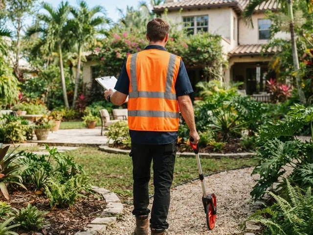 Landscape designer's plan being staked out across a Florida front yard