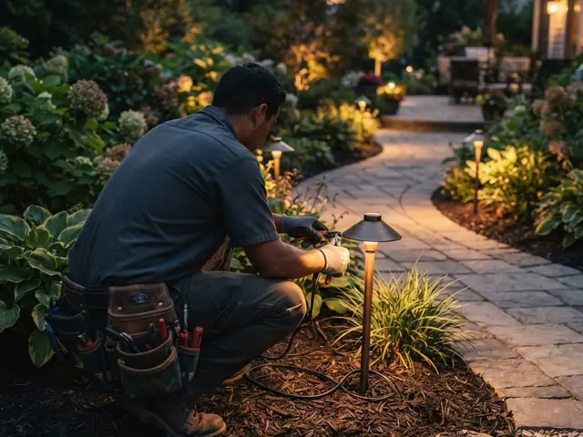 Low-voltage uplighting illuminating palms along a garden path at dusk
