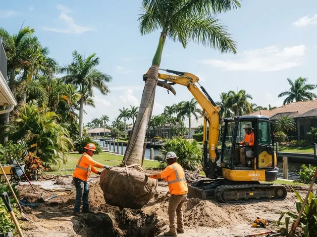 Mature palm tree being lowered into place by an installation crew