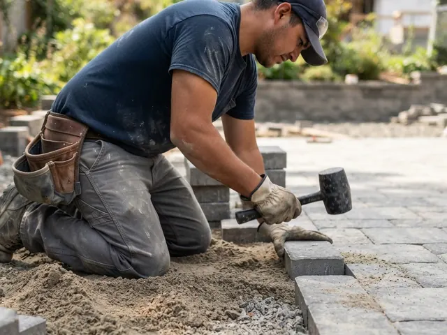 Interlocking paver patio laid in a herringbone pattern beside a lawn