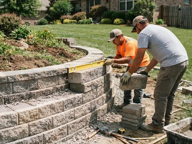 Stacked stone retaining wall holding a raised planting bed