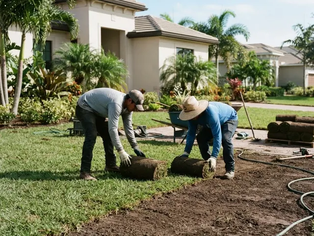 Fresh rolls of St. Augustine sod being laid on a prepared lawn