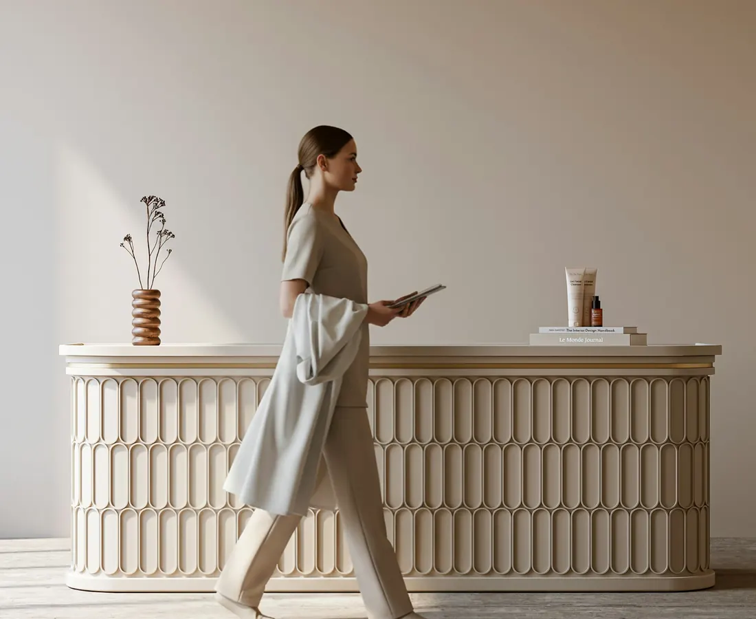 Client walking past the reception desk of a calm, modern studio