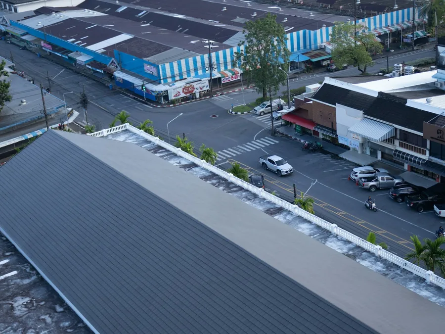 Aerial view of a large flat commercial roof