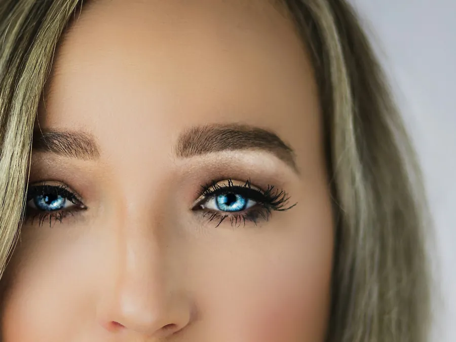 Close-up of shaped and groomed eyebrows