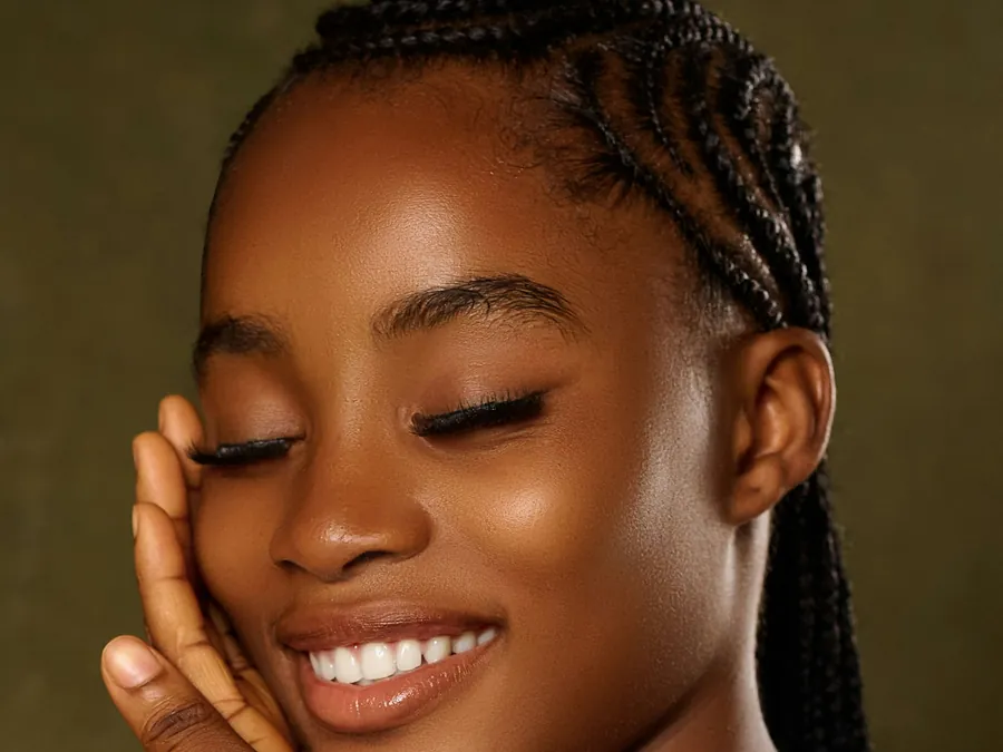 Portrait of a person with clear, glowing skin against a warm background